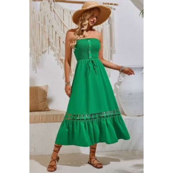 Green Strapless Maxi Dress With Smocked Top & Floral Lace Trim - Picture 1 of 6